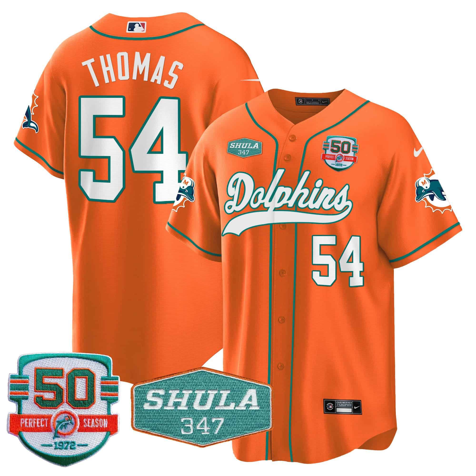 Men Miami Dolphins #54 Thomas Orange 2024 Nike 50th Don Shula Memorial Patch Baseball NFL Jersey